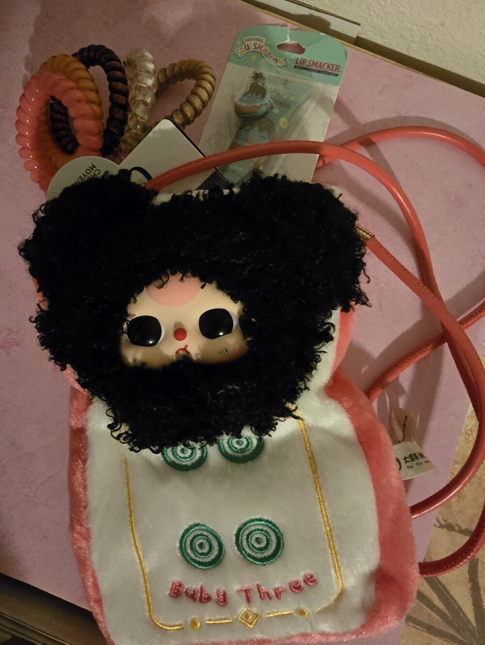 Baby Three Plush Black & Pink Kids Crossbody Bag with Puppy Doll Face